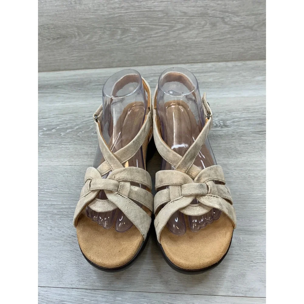 Clarks Women's Tuleah Cross Metallic Suede Wedge Sandals Beige 9 Comfort Shoes